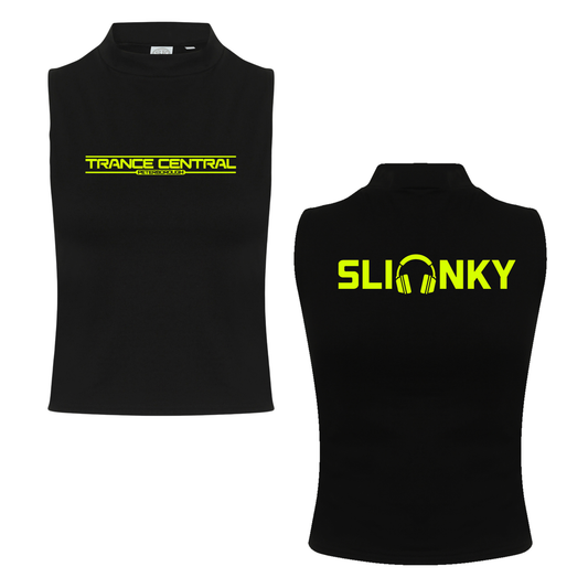 Slinky X Trance Central Neon UV Reactive Logo Front & Back Print Sleeveless Crop