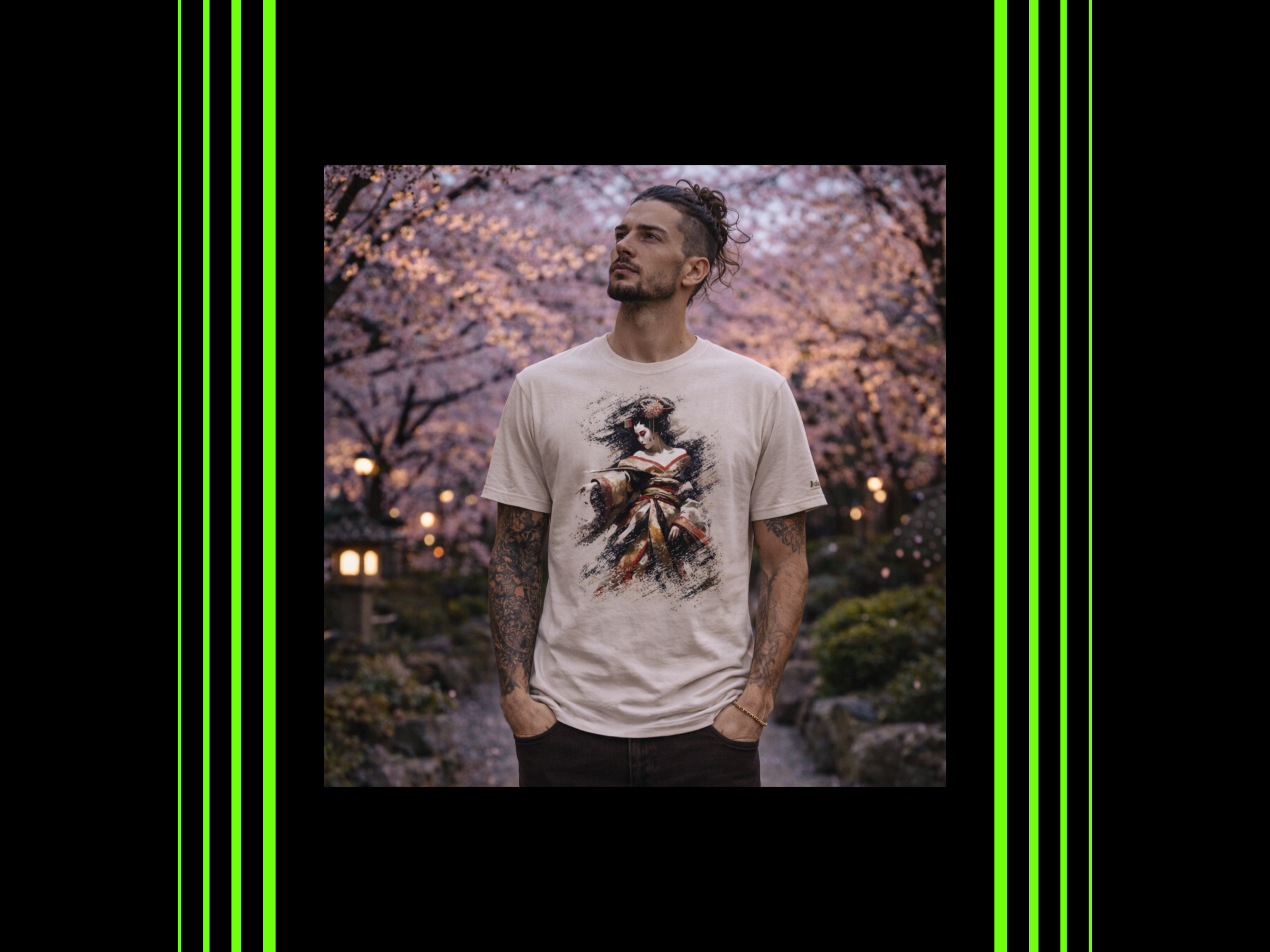 man wearing Japanese eastern inspired graphic t shirt from acid drop design eastern echoes collection