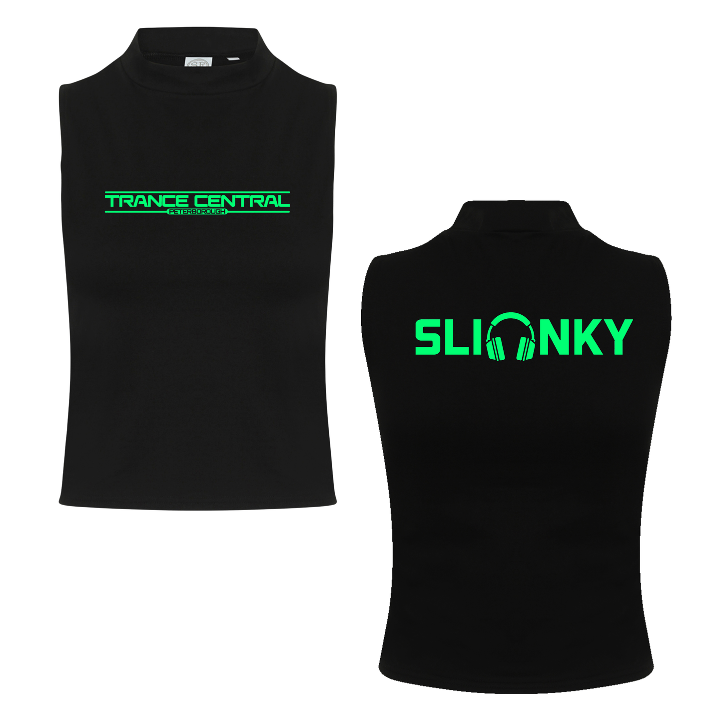 Slinky X Trance Central Neon UV Reactive Logo Front & Back Print Sleeveless Crop