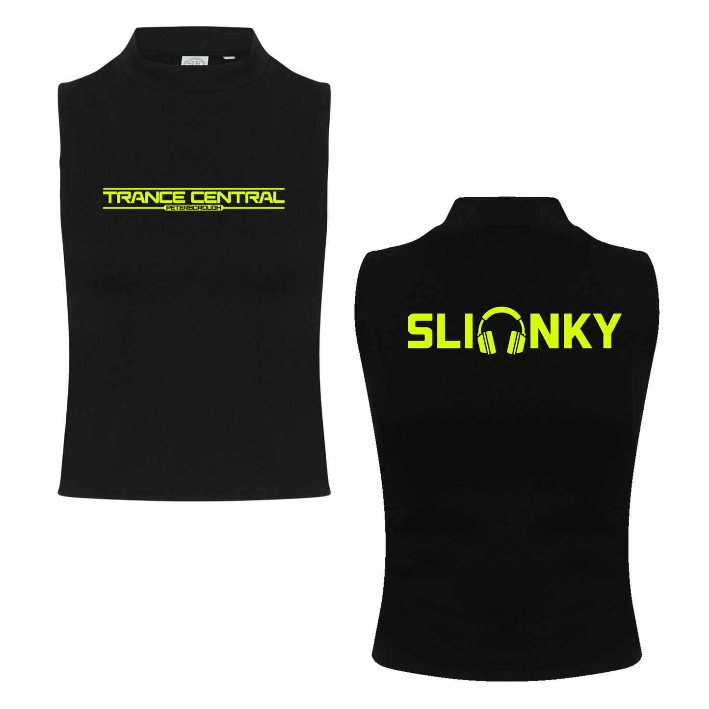 Slinky X Trance Central Neon UV Reactive Logo Front & Back Print Sleeveless Crop