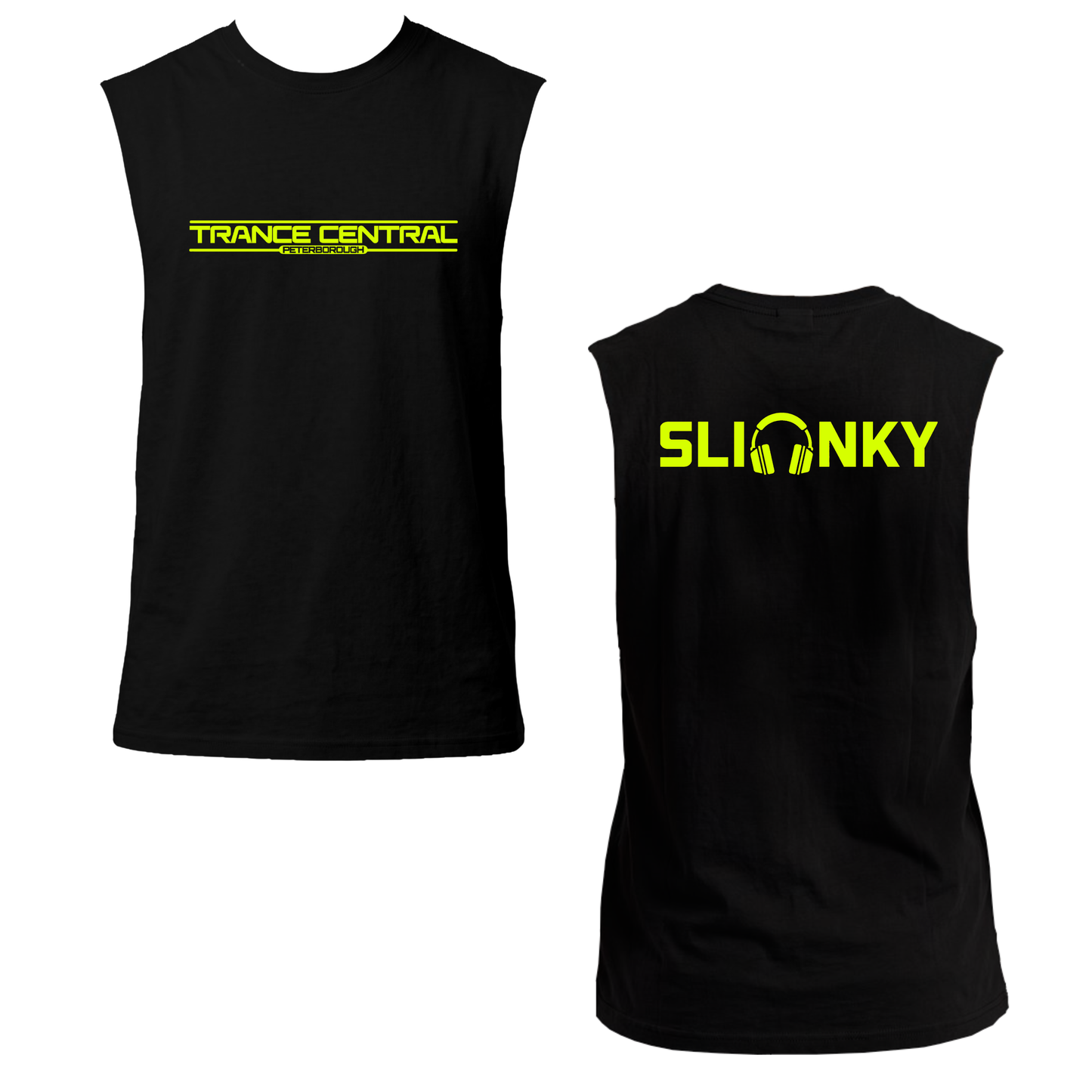 Slinky X Trance Central Neon UV Reactive Logo Front & Back Print Sleeveless Tshirt